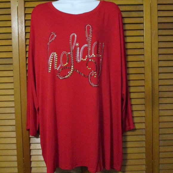 Cato NEW red top says "Holiday" with bling, lightweight stretchy size 18W - Picture 1 of 9